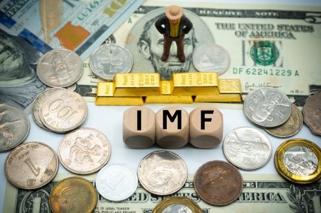 International Monetary Fund (IMF) written on cubes on top of banknotes with gold bullion in the background