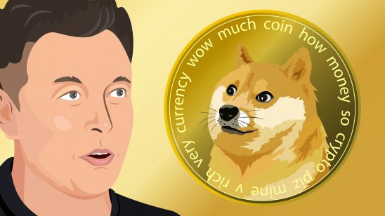 Dogecoin (DOGE) and a cartoon of Elon Musk.