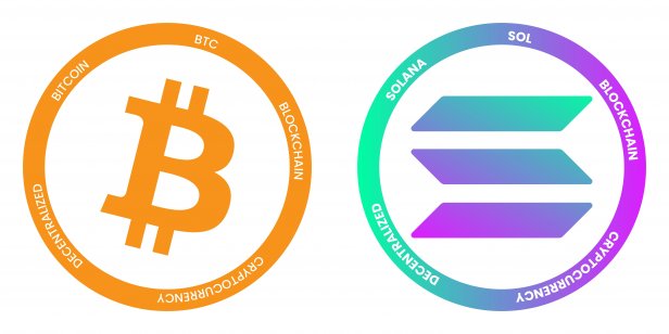 Bitcoin BTC and Solana SOL crypto logos. Cryptocurrency symbol set vector illustration template 