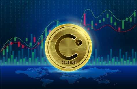 Celsius Network withdrawals: Will bankruptcy delay access to customer funds? Celsius Network (CEL) Cryptocurrency blockchain. List of variou coin symbol is background. Future digital replacement technology alternative currency, Silver golden stock chart. 