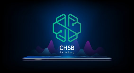 The swissborg (CHSB) name and logo floating above a smartphone