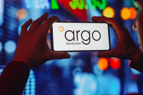 In this photo illustration the Argo Blockchain logo seen displayed on a smartphone screen