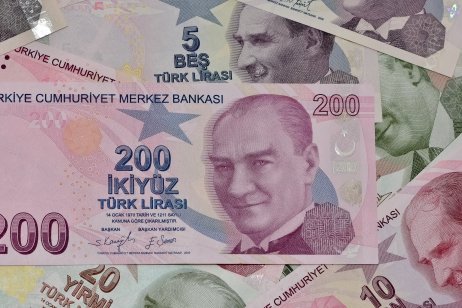 Turkish lira notes lying on top of each other