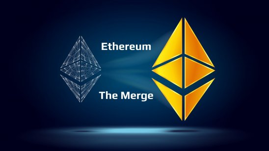 Illustration of the ETH icon along with the words Ethereum and The Merge
