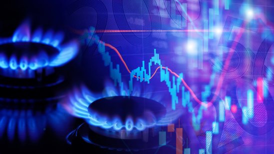 Natural gas cost growth concept with gas burners and stock charts 