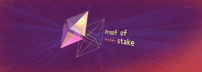 Representation of the Ethereum logo with words proof of stake