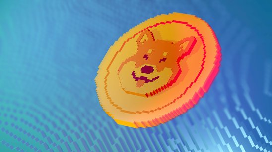 A pixelated image of a golden coin bearing a grinning dog’s face