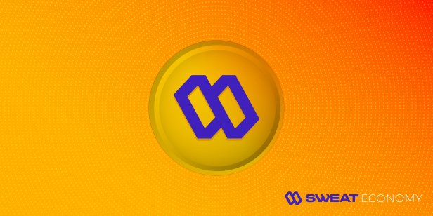Sweat Economy SWEAT decentralized cryptocurrency logo icon placed in button, modern finance blockchain technology concept banner. Vector illustration template design, isolated in gradient background.