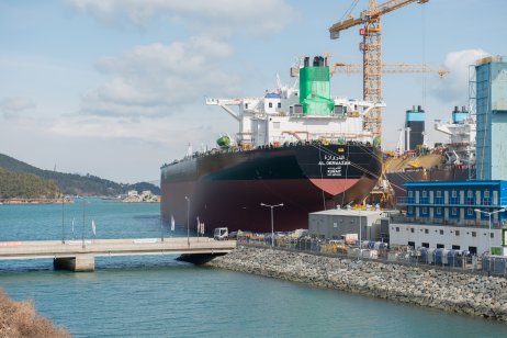 An oil tanker is docking at Geoje, South Korea