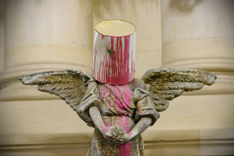 View of a Banksy artwork on display at Bristol Museum, UK in January 2015 in