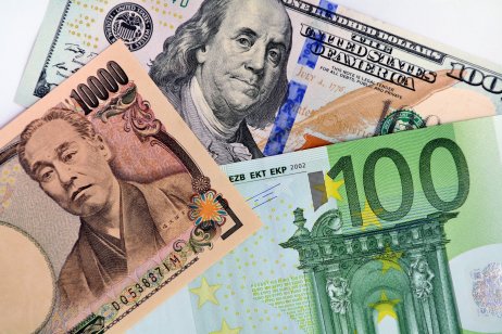 Yen, dollar and euro banknotes in a collage image