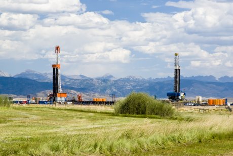 Oil drilling rigs in the oil fields of Wyoming in the US