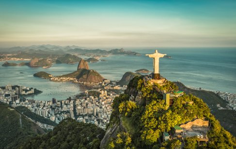 Panoramic view of the Christ the Redeemer statue in Rio de Janeiro.