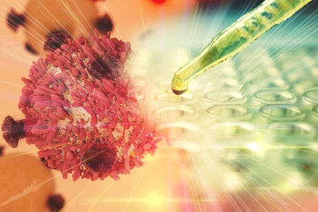 Concept picture of gene therapy for cancer treatment with T-cell and pipette