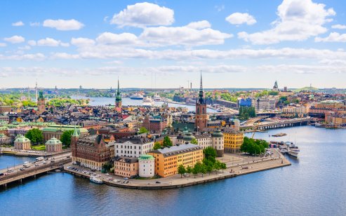 A wonderful aerial panorama from a bird's-eye view on the observation deck of the Town Hall tower to Gamla Stan (Old Town), Stockholm, Sweden