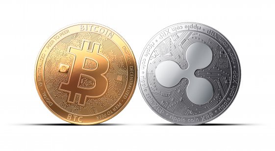 Clash of Bitcoin and Ripple (XRP) coins isolated on white background with copy space.