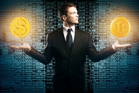 Businessman with glowing dollar and bit coins in hands on abstract circuit background. E-business and choice concept