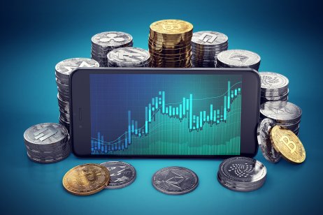 A cryptocurrency growth graph is displayed on a smartphone screen, surrounded by various piles of cryptocurrencies. 3D rendering