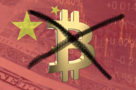 Strikethrough Bitcoin symbol, with the financial data and Chinese flag visible in the background