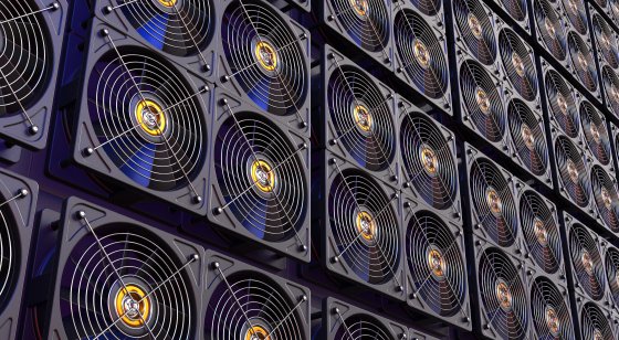 Cryptocurrency mining farm. bitcoin and altcoins mining. asic miner. 3D rendering