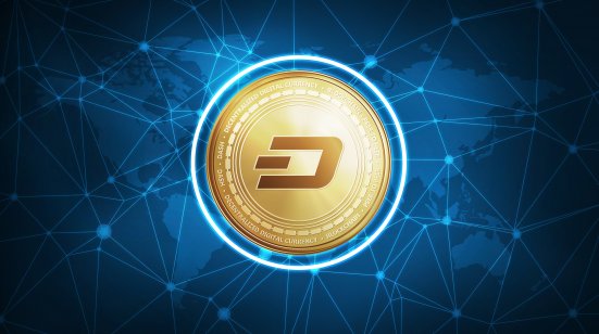 Dash symbol on futuristic hud polygon background with world map and blockchain peer to peer network. Global cryptocurrency and ICO initial coin offering business banner concept