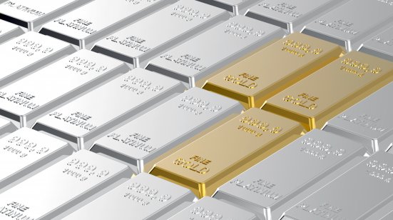 Gold and platinum bank reserve ingots arranged in rows 