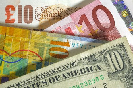 US dollar, British pound, Swiss franc and euro banknotes