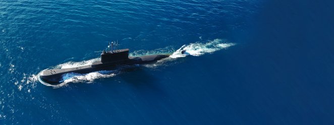 Aerial drone image of a submarine cruising in the sea