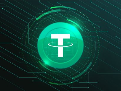 Tether coin with crypto currency themed banner