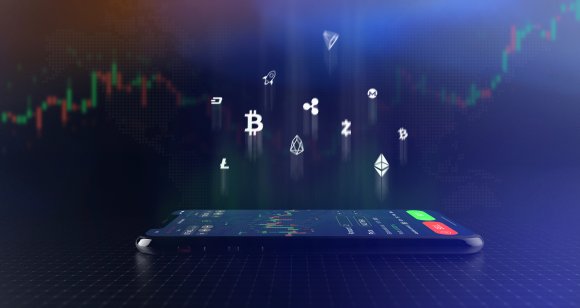 A smartphone and a host of individual cryptocurrencies logos.