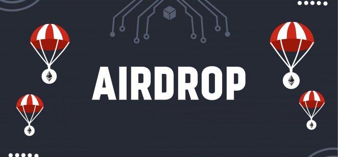 An illustration of a cryptocurrency airdrop with ether tokens hanging from parachutes