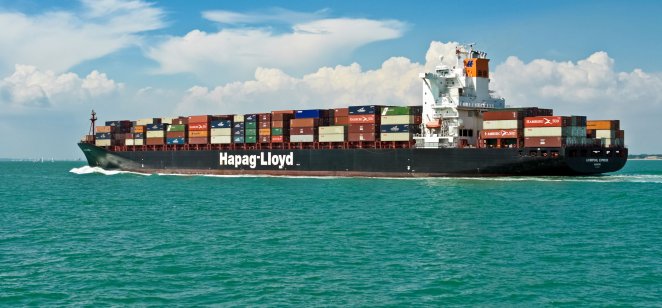 Hapag-Lloyd container ship in the Solent off Portsmouth, England