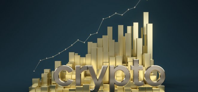 Image of the word crypto and gold bars on graph