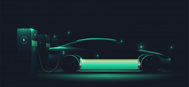 An illustration of an electric sedan being charged.