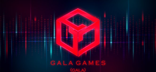 The Gala Games symbol logo and name appear in red on a background of binary code
