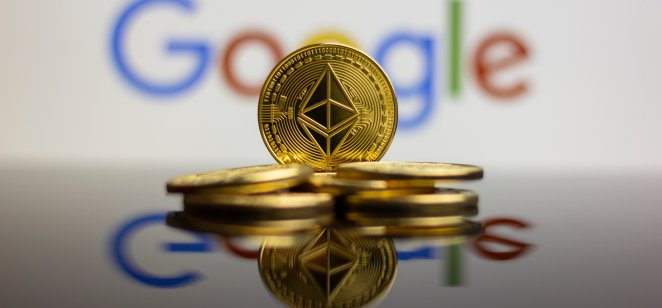 The Google logo and a pile of Ethereum (ETH) coins