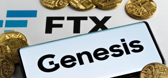 Genesis The Genesis and FTX logos surrounded by crypto coins