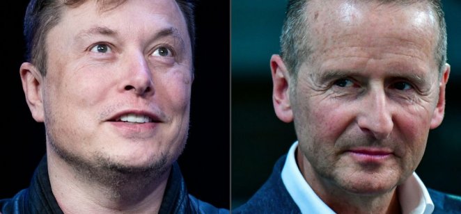A image of Elon Musk (L), chief of pioneering electric car maker Tesla and the CEO of German carmaker Volkswagen Herbert Diess.