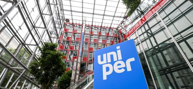 A photo taken on July 22, 2022 shows the logo of energy supplier Uniper in the entrance hall at the company's headquarters in Dusseldorf, western Germany