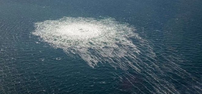 Leak in Russian Nord Stream 2 offshore gas pipeline Danish Defense shows the gas leaking at Nord Stream 2 seen from the Danish F-16 interceptor on Bornholm, Denmark