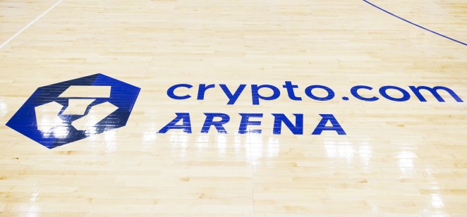    Detail view of the crypto.com Arena logo on the court during an NBA game between the Utah Jazz and Los Angeles Clippers on November 6, 2022 at Crypto.com Arena in Los Angeles