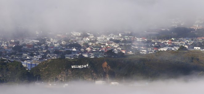 The Wellington ''blown away'' sign surrounded by fog on June 23, 2020