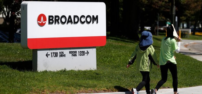 A image of the Broadcom sign outside its headquarters in California