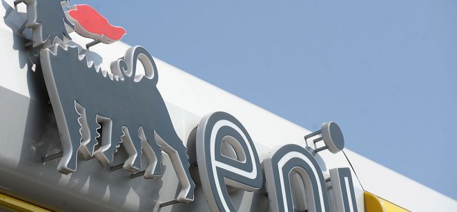 The Eni logo is shown at a petrol station in Milan, Italy