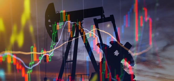 Oil price illustration Oil pump on stock chart background illustrating volatile oil prices