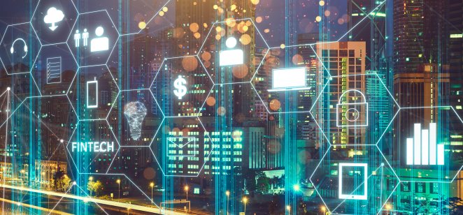 Fintech Fintech icon and internet of things with matrix code background