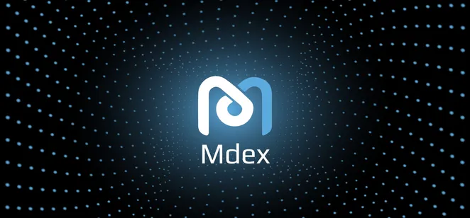 The mdex cryptocurrency’s name and logo surrounded by swirling blue dots