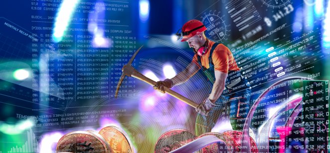 Representation of a miner hitting a crypto coin with a pickaxe 
