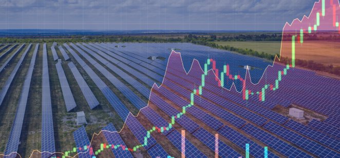 Aerial view of a solar power station on the background of stock charts