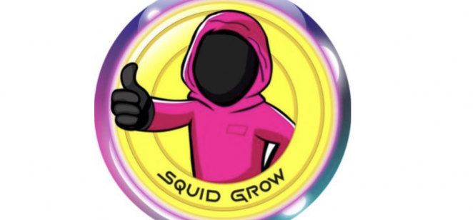 A faceless character in a pink hoodie gives a thumbs up signal above the words Squid Grow